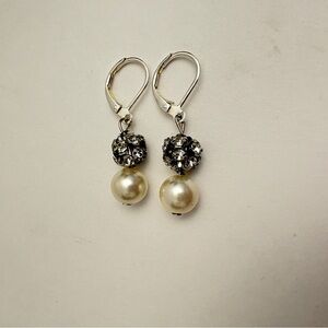 Elegant Silver and Pearl Drop Earrings, faux pearl, handmade, 1.5" drop